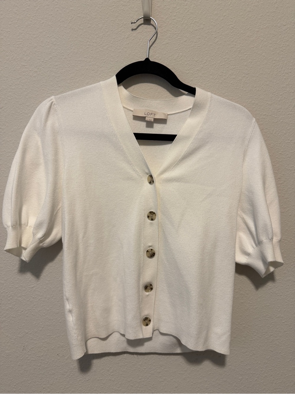 LOFT Cream Short Sleeve Button-Front Knit Top